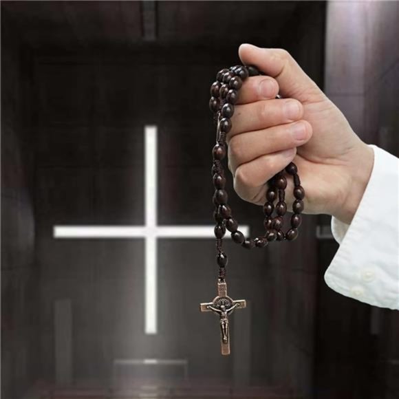 Handmade Wooden Catholic Rosary, Cross Pendant Necklace - Picture 4 of 7